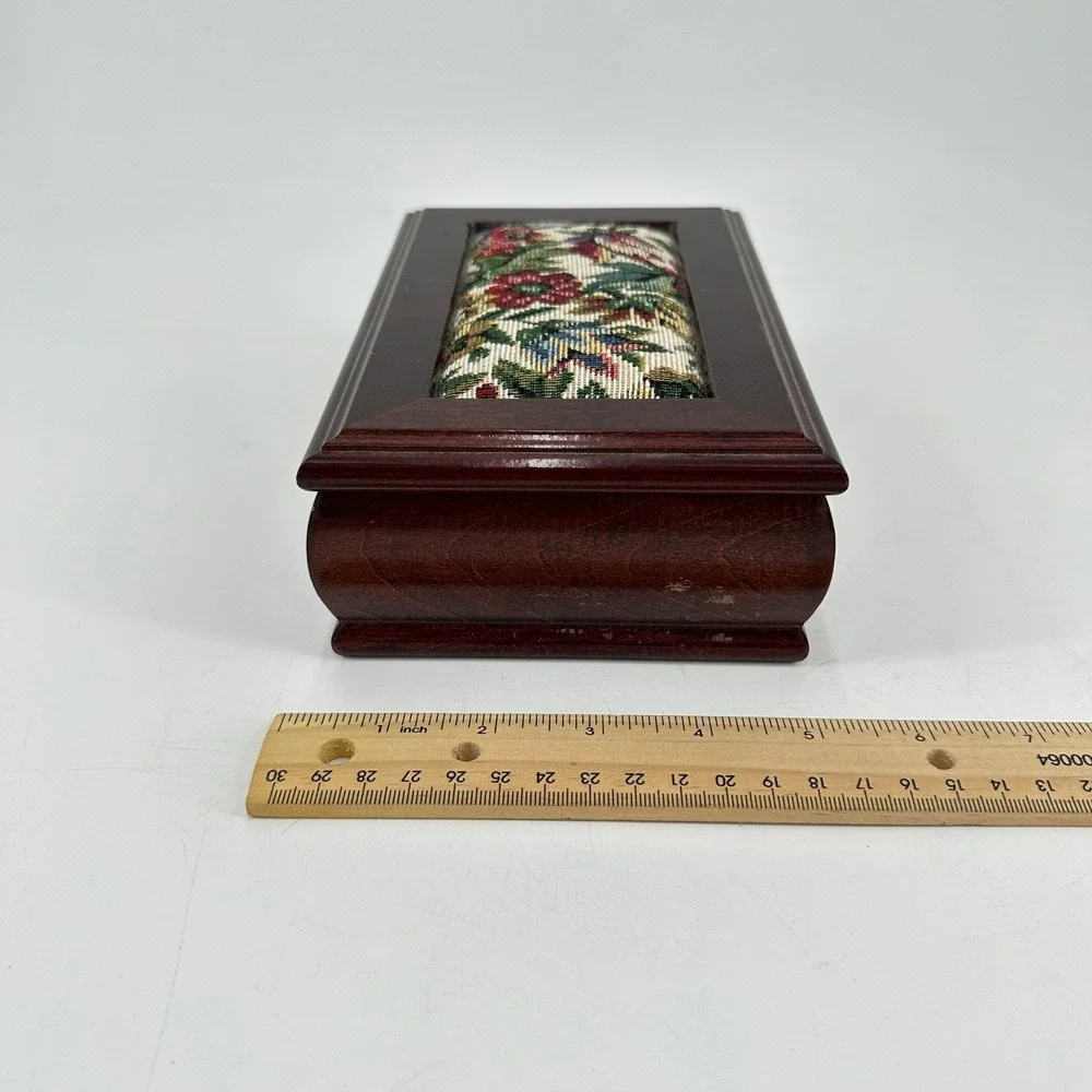 Vintage Floral Tapestry Wooden Jewelry Box Green‎ Velvet Lining Mirror Ring Roll